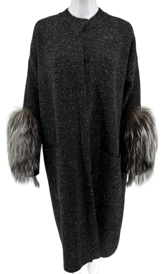 Agnona Cashmere Melange Tweed Fur-Cuff Coat - Size S