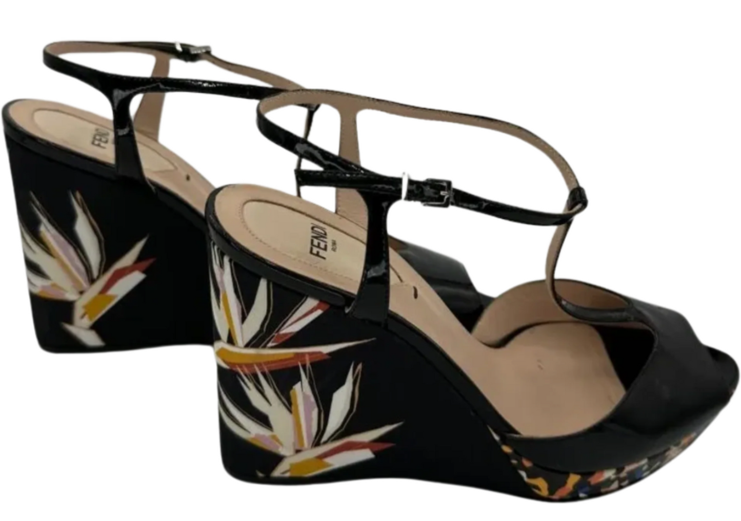 Fendi Black Patent Bird Of Paradise T Strap Wedge Sandals Size 39