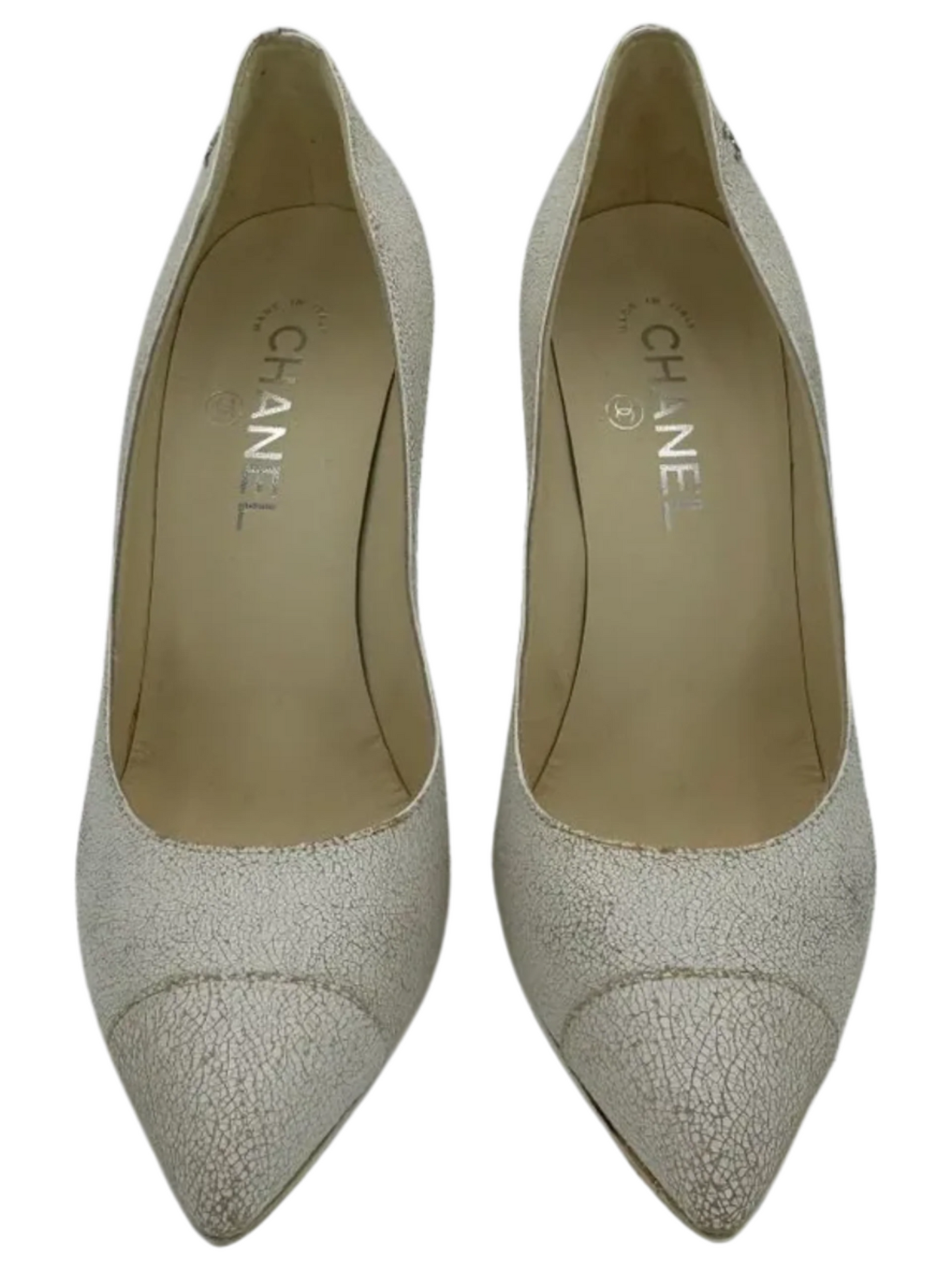 Chanel White Cracked Leather Cap Toe Pumps Size 39