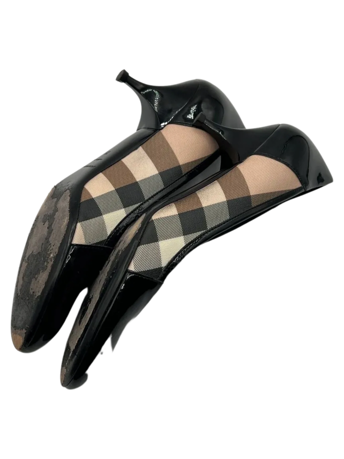 Burberry Nova Check Canvas/Black Patent Leather Kitten Heel Pumps