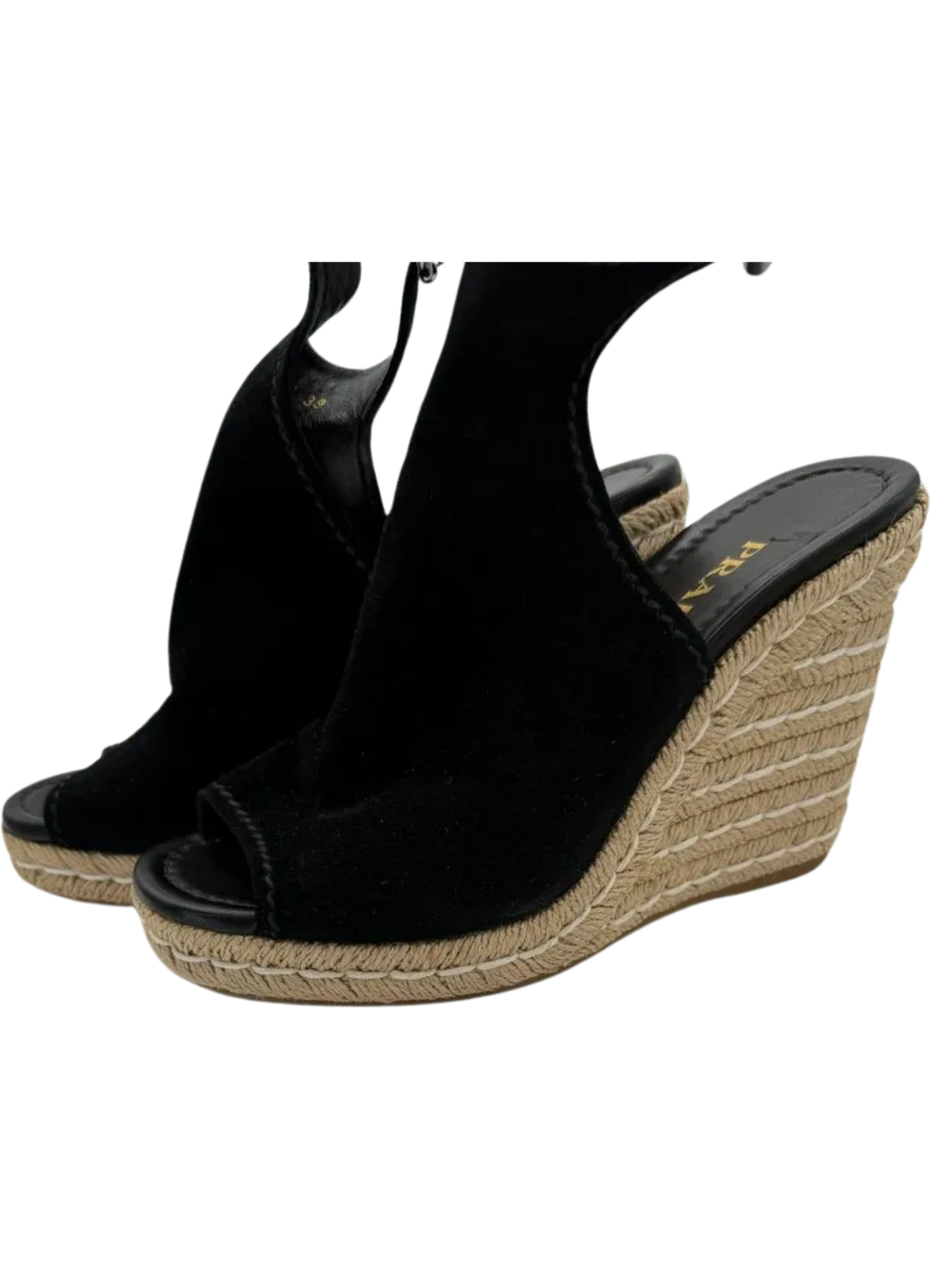 *NEW* Prada Black Suede Open Toe Espadrille Slingback Wedges