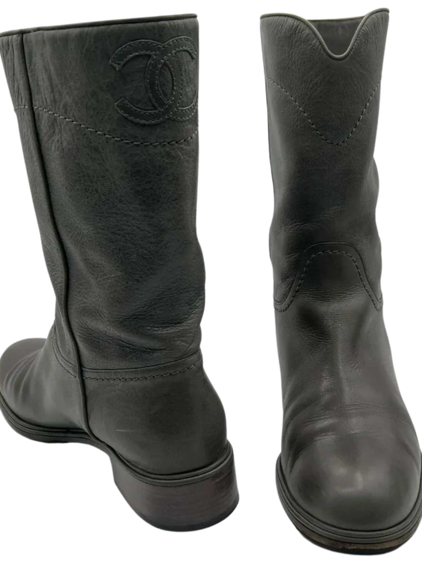 Chanel Grey Leather Mid Calf Boots