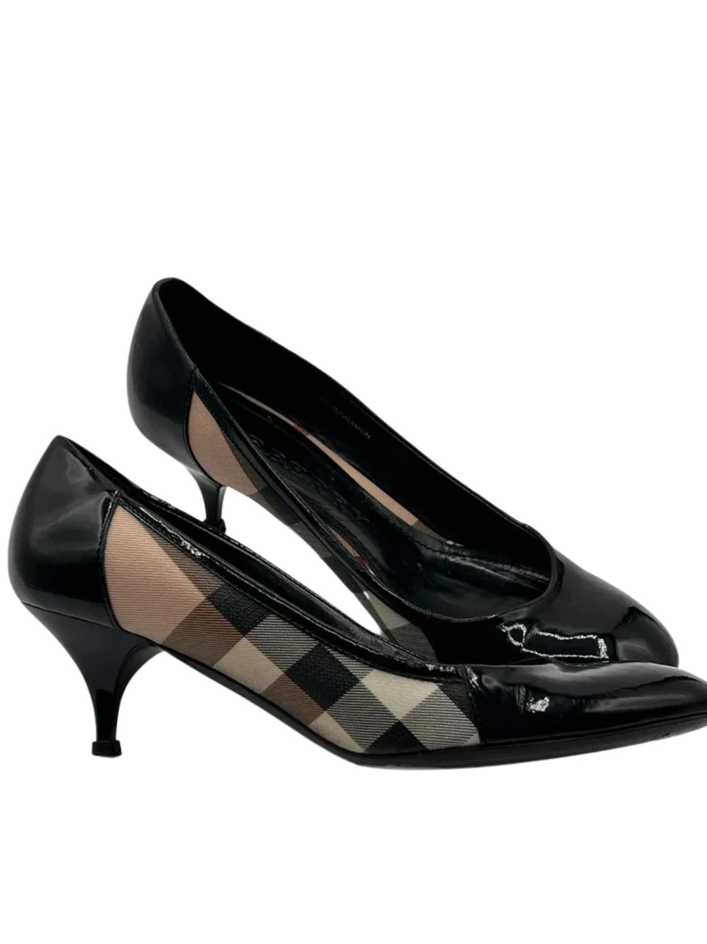 Burberry Nova Check Canvas/Black Patent Leather Kitten Heel Pumps