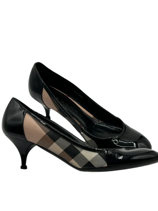 Burberry Nova Check Canvas/Black Patent Leather Kitten Heel Pumps