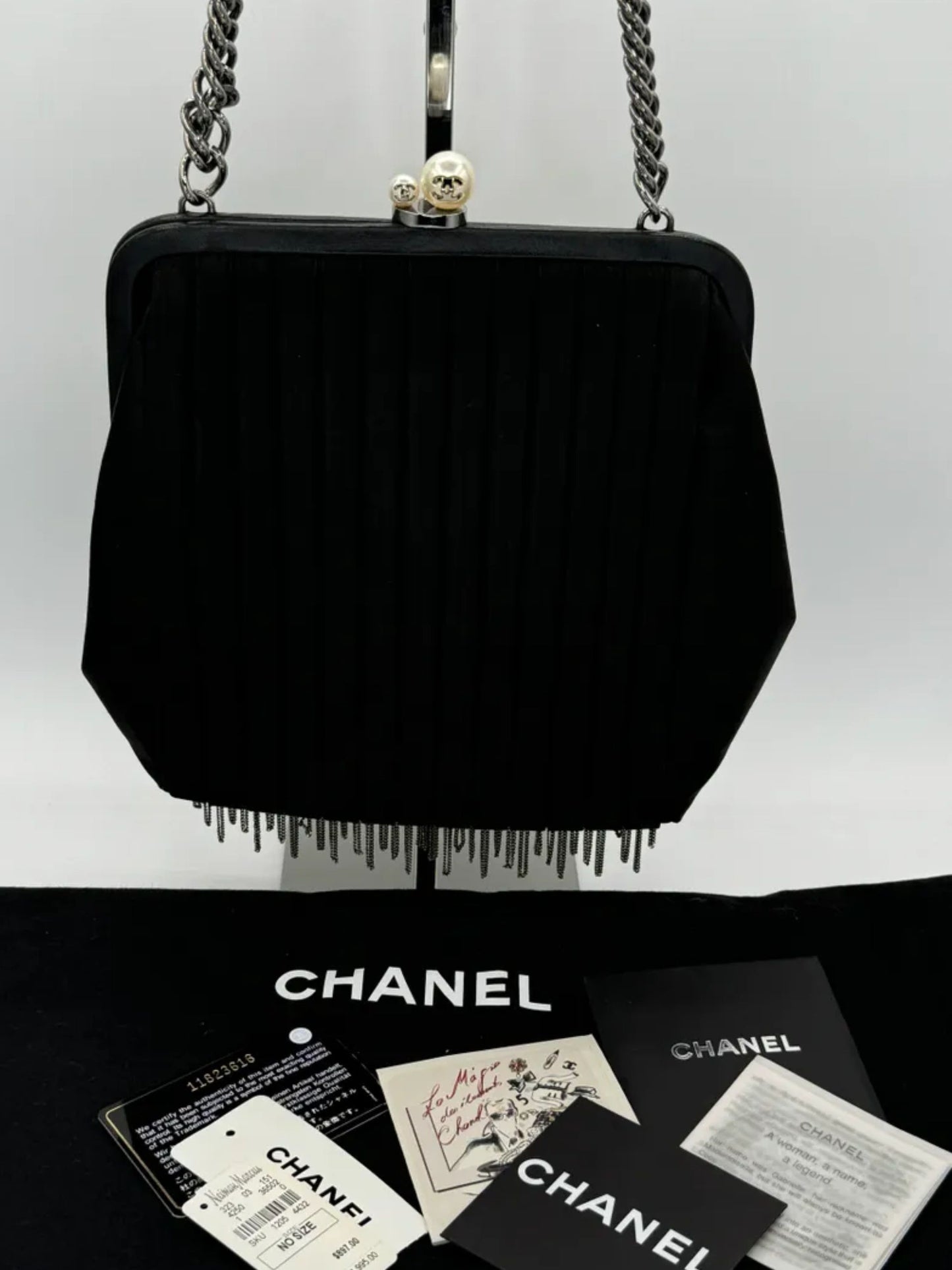 Vintage CHANEL CC Pearl Framed Black Satin Chain Fringe Shoulder Evening Bag - Rare