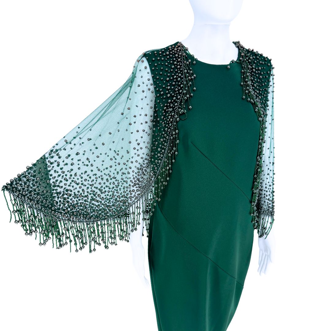 PAMELLA ROLAND Forest Green Pencil Dress w/ Beaded Overlay Cape - Sz 8