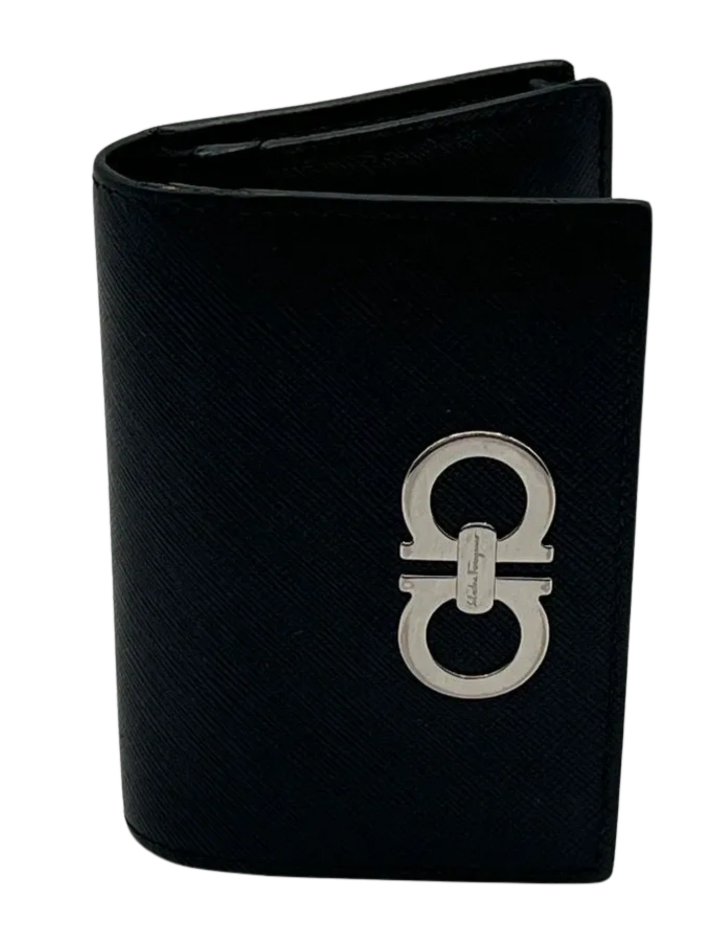 Salvatore Ferragamo Black Leather Double Gancio Card Case