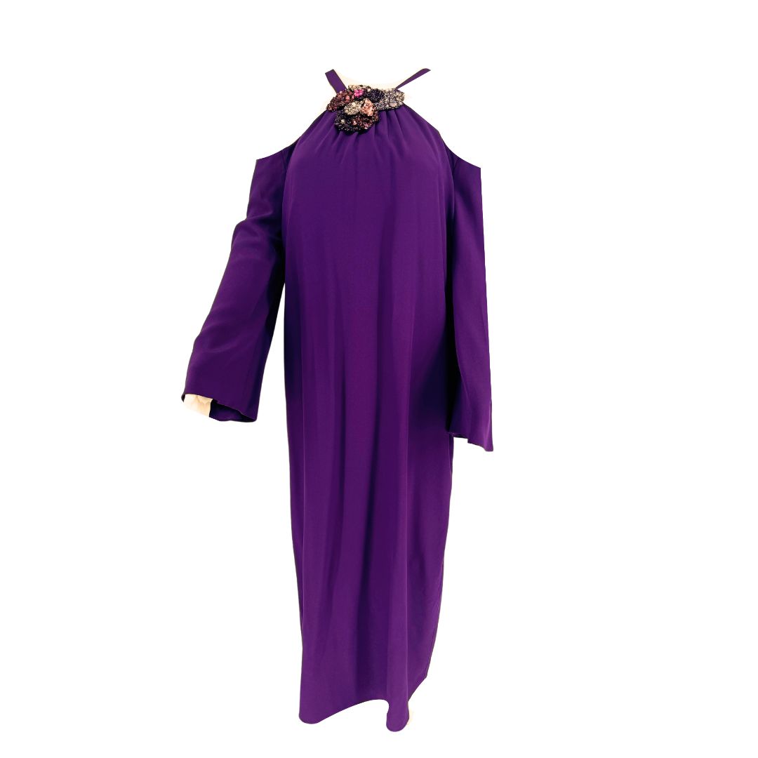 PAMELLA ROLAND Purple Cold Shoulder Beaded Neck Long Sleeve Maxi Dress 10