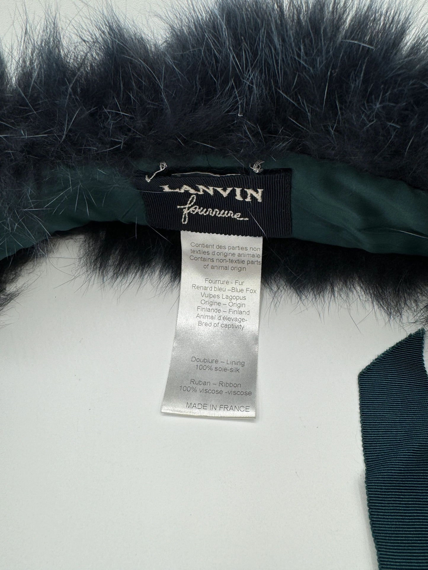 Lanvin Teal Fox Wrap Collar With Grosgrain Ribbon Tie