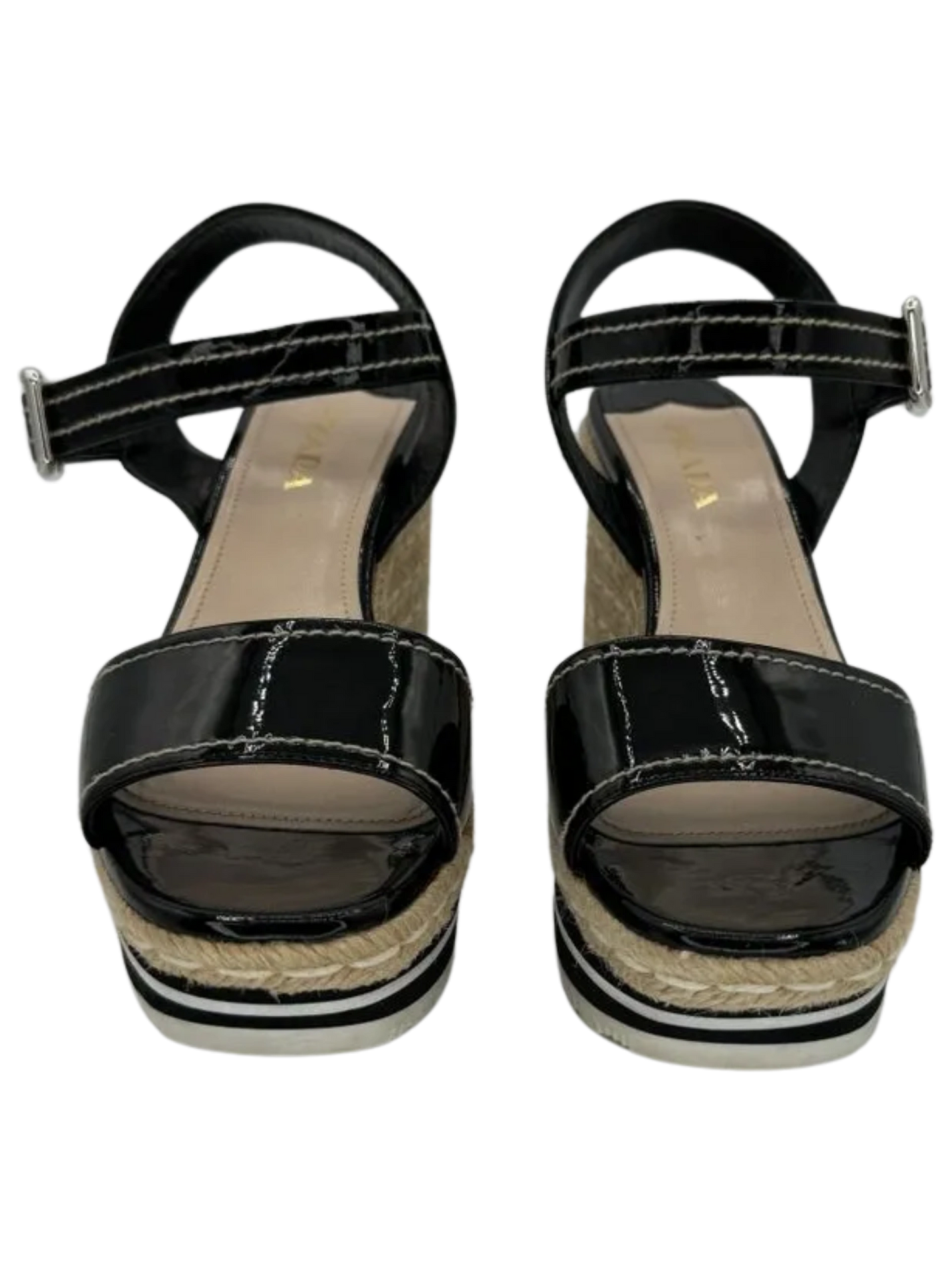 PRADA Black Patent Leather Espadrille Wedge Ankle Strap Sandals