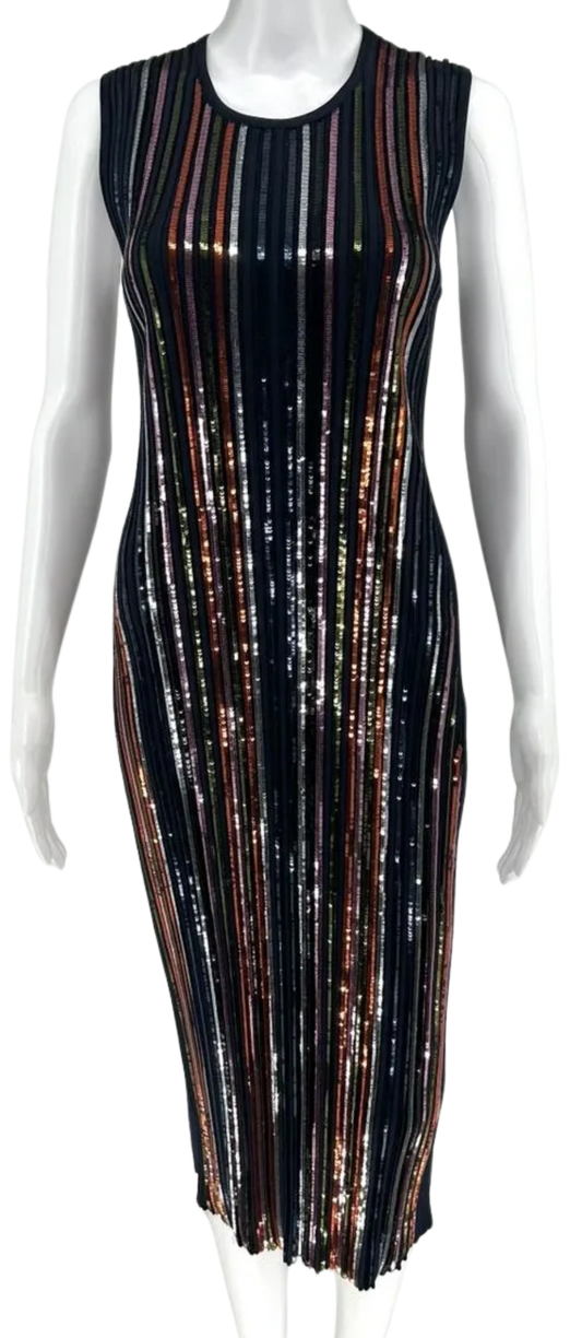 Nina Ricci Navy Blue Multi Sequined Fitted Ribbed Knit Dress