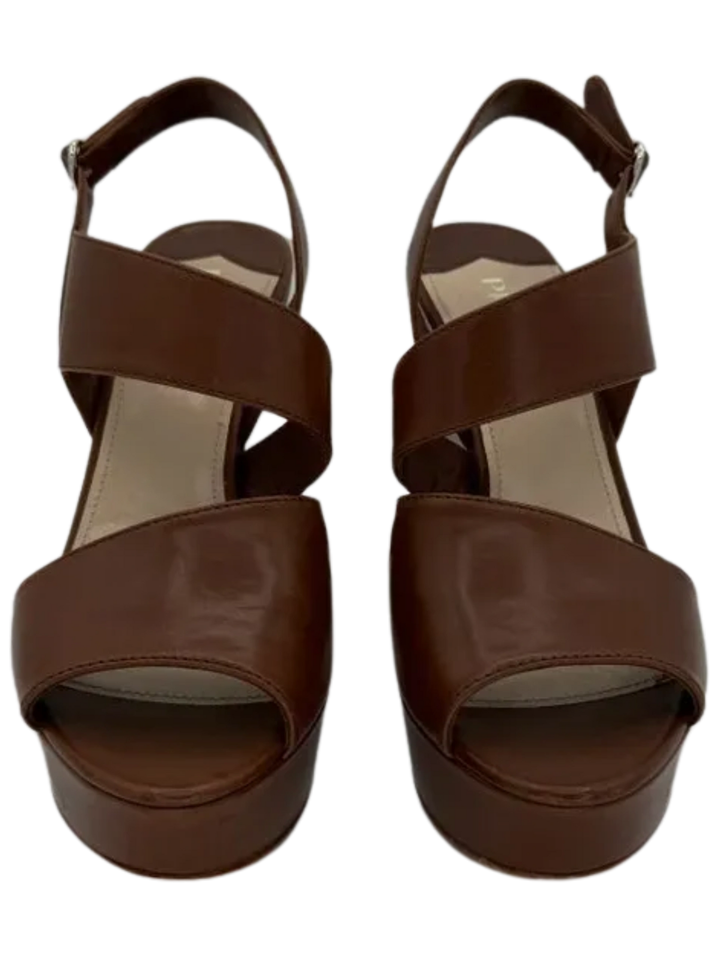 Prada Asymmetric Calfskin Wedge Sandal, Brown