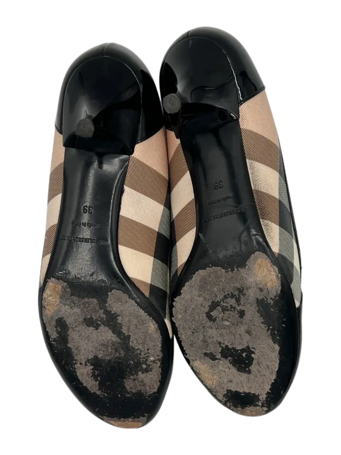 Burberry Nova Check Canvas/Black Patent Leather Kitten Heel Pumps