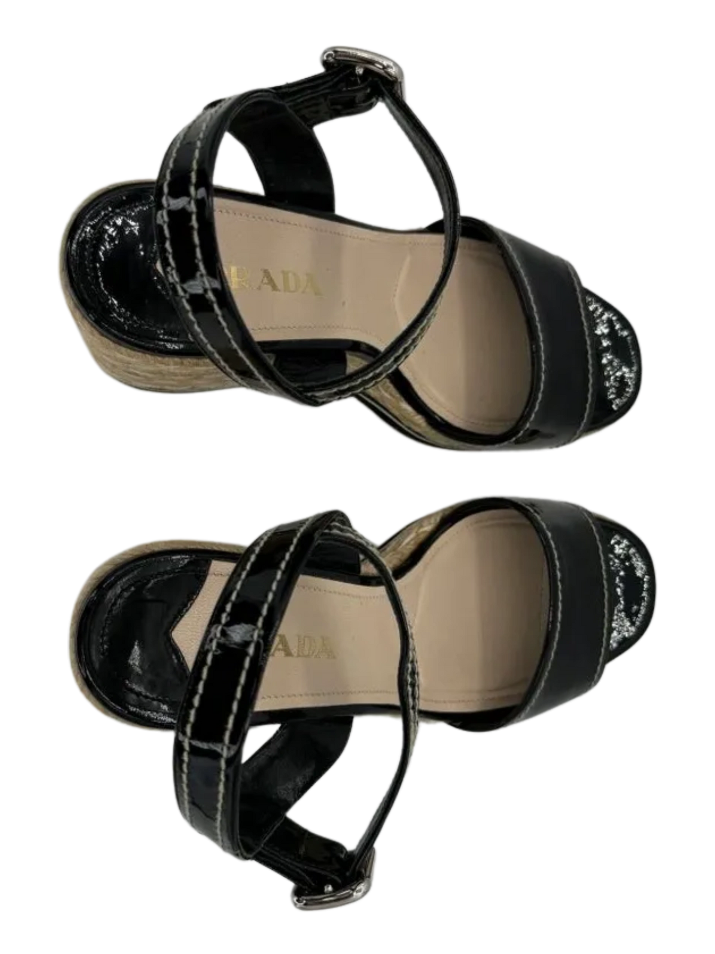 PRADA Black Patent Leather Espadrille Wedge Ankle Strap Sandals