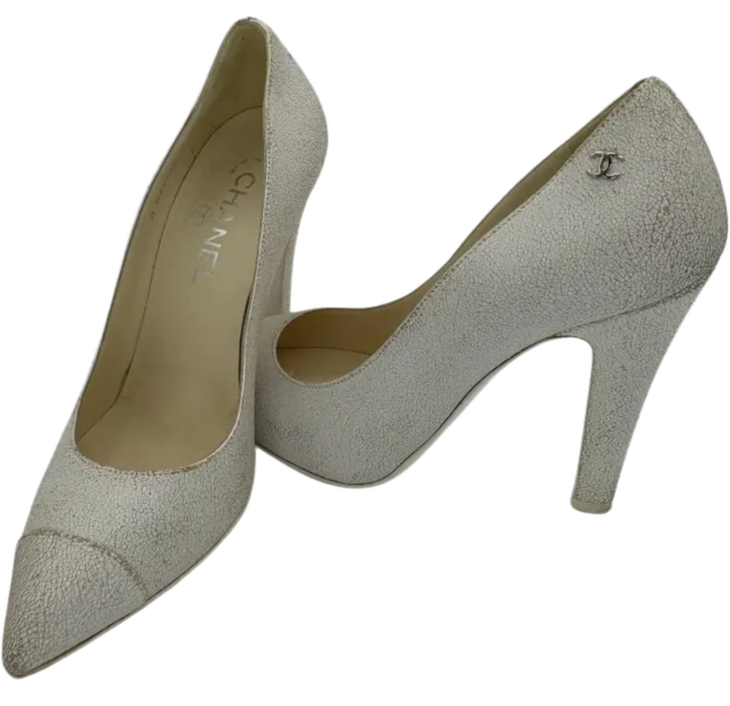 Chanel White Cracked Leather Cap Toe Pumps Size 39