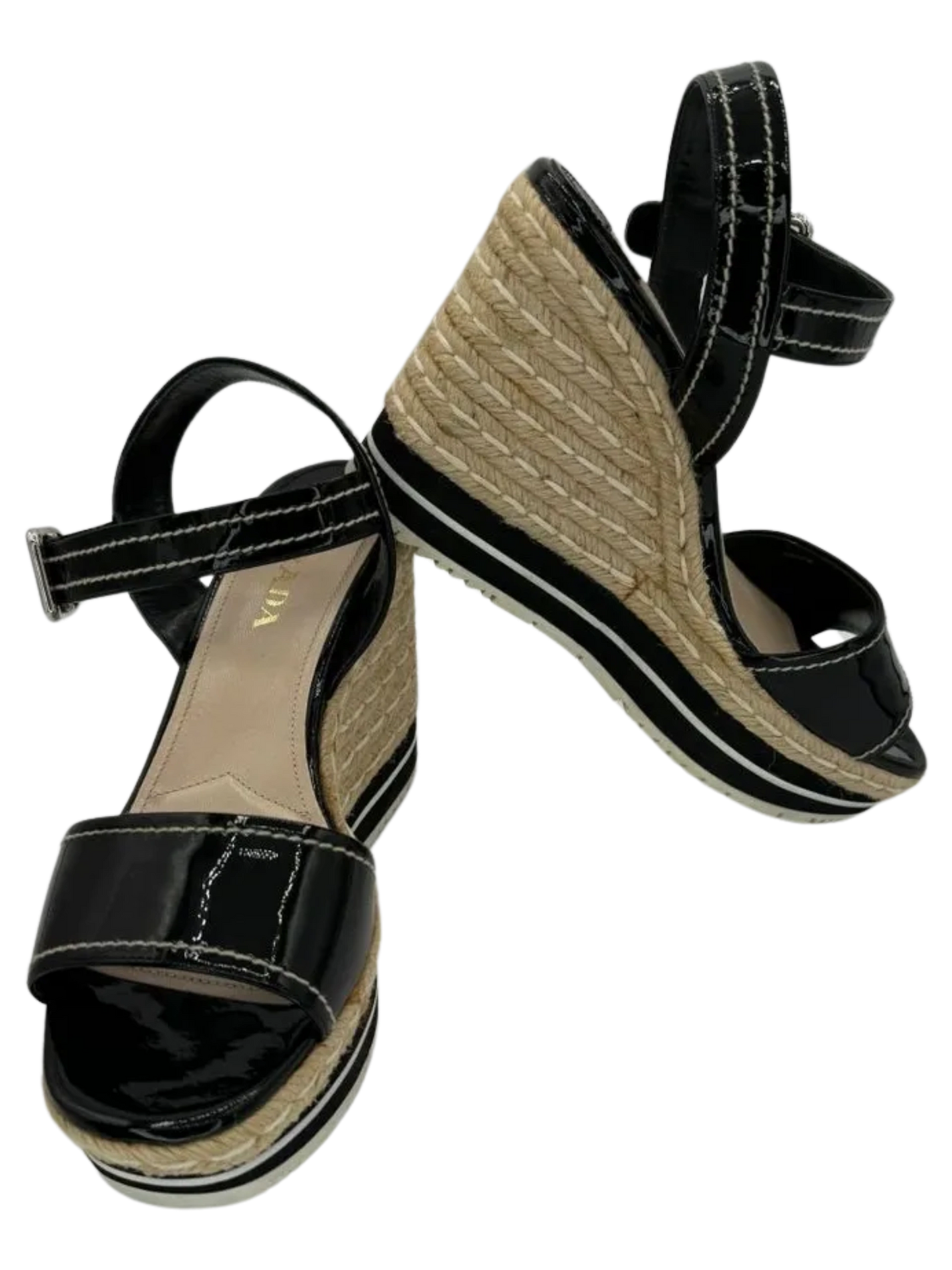 PRADA Black Patent Leather Espadrille Wedge Ankle Strap Sandals