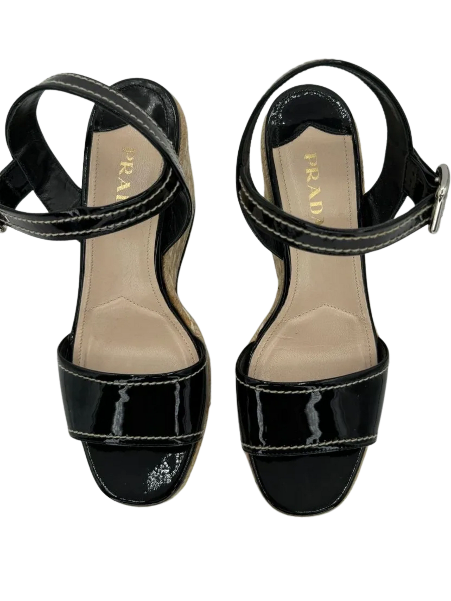 PRADA Black Patent Leather Espadrille Wedge Ankle Strap Sandals