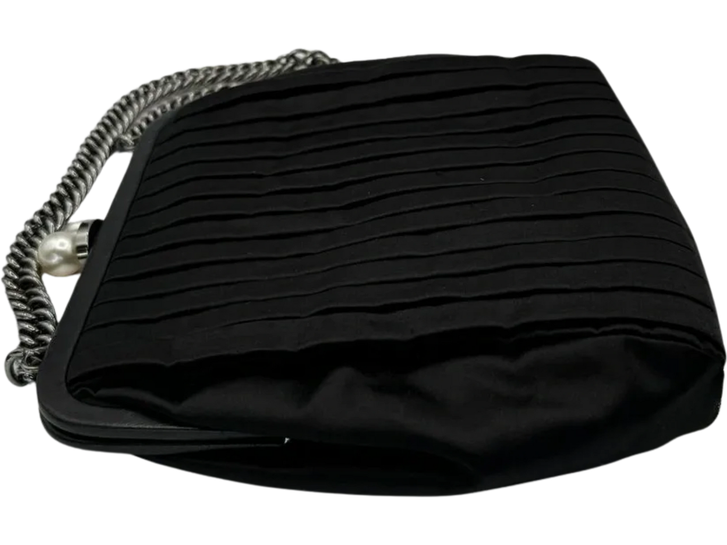 Vintage CHANEL CC Pearl Framed Black Satin Chain Fringe Shoulder Evening Bag - Rare