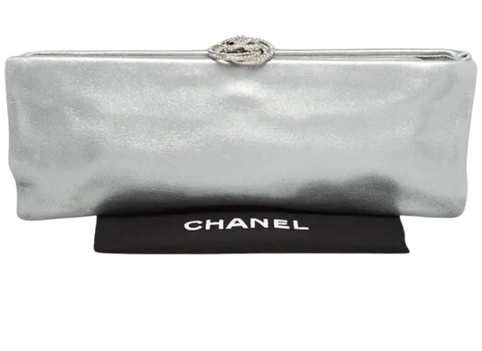 CHANEL Silver Iridescent Fabric Swarovski Crystal Camellia Clutch Bag