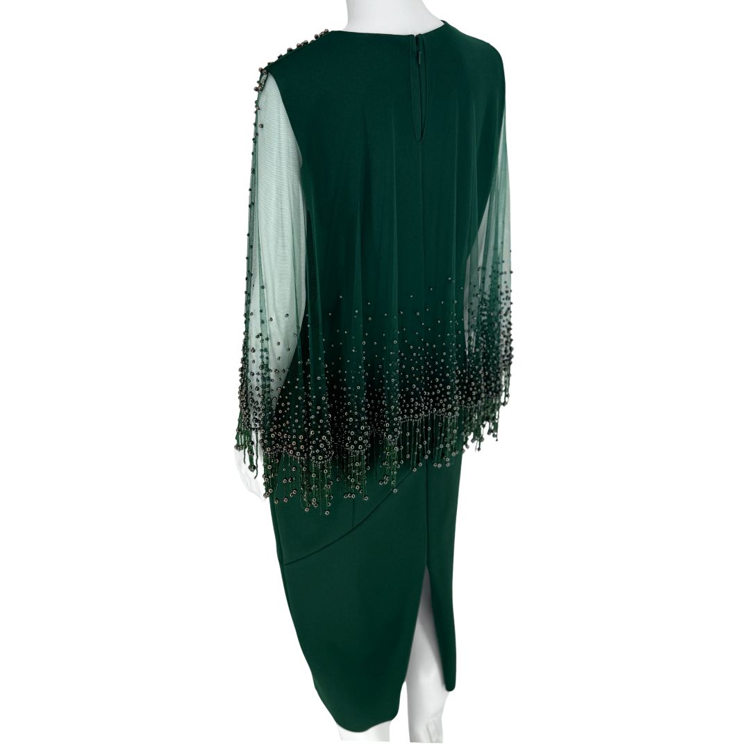 PAMELLA ROLAND Forest Green Pencil Dress w/ Beaded Overlay Cape - Sz 8