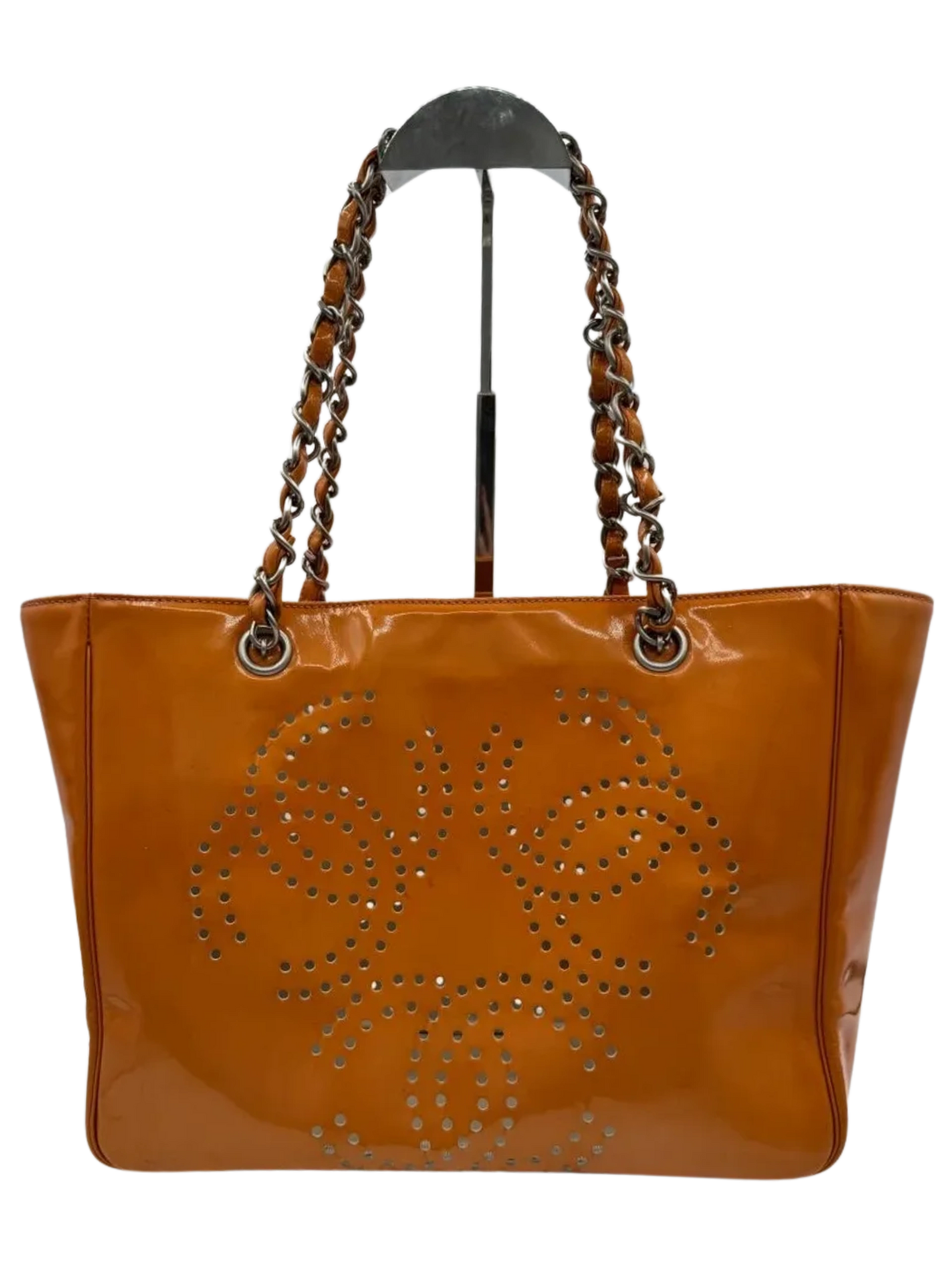 CHANEL Triple Coco Orange Patent Leather Chain Tote Bag