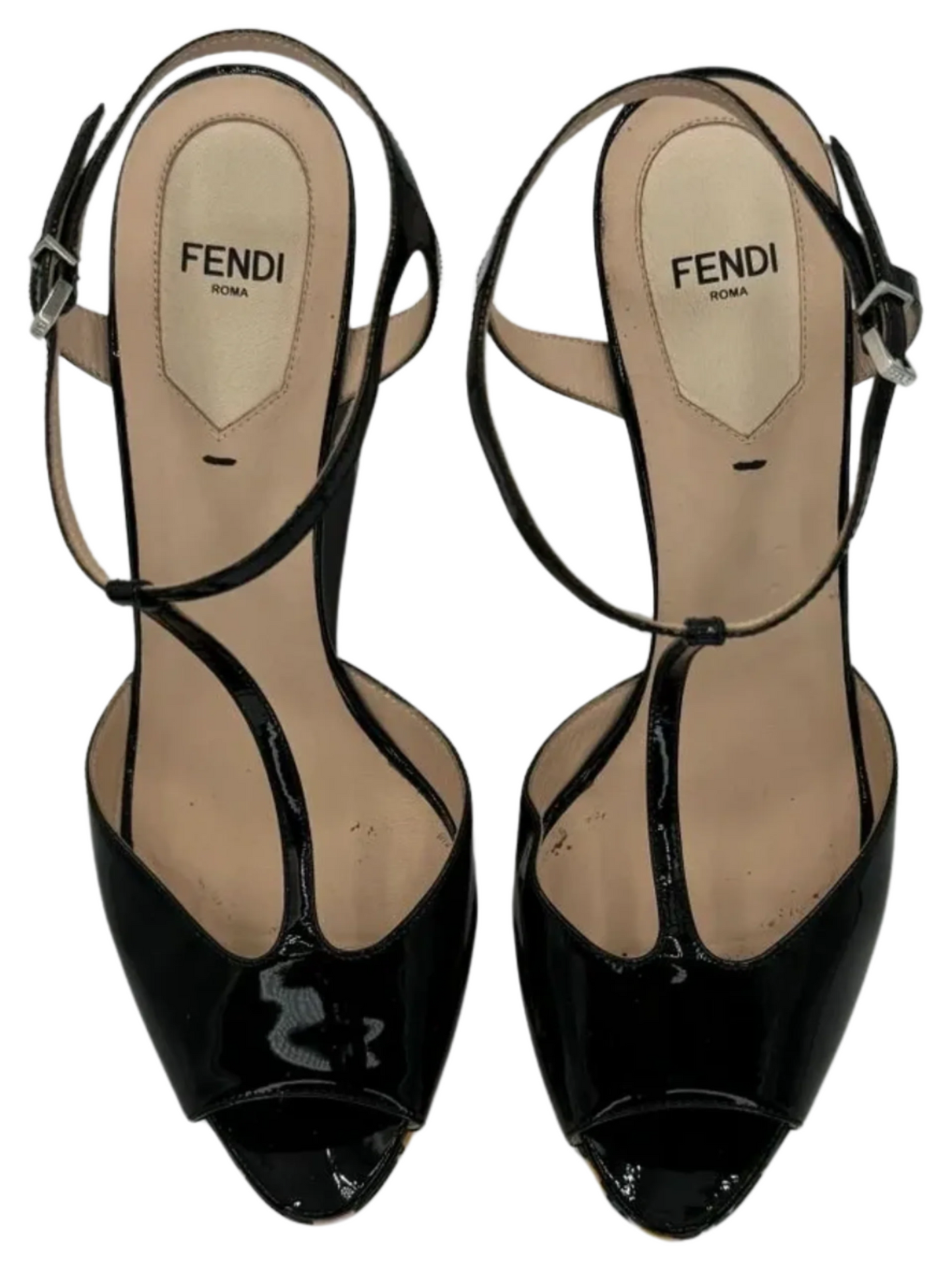 Fendi Black Patent Bird Of Paradise T Strap Wedge Sandals Size 39