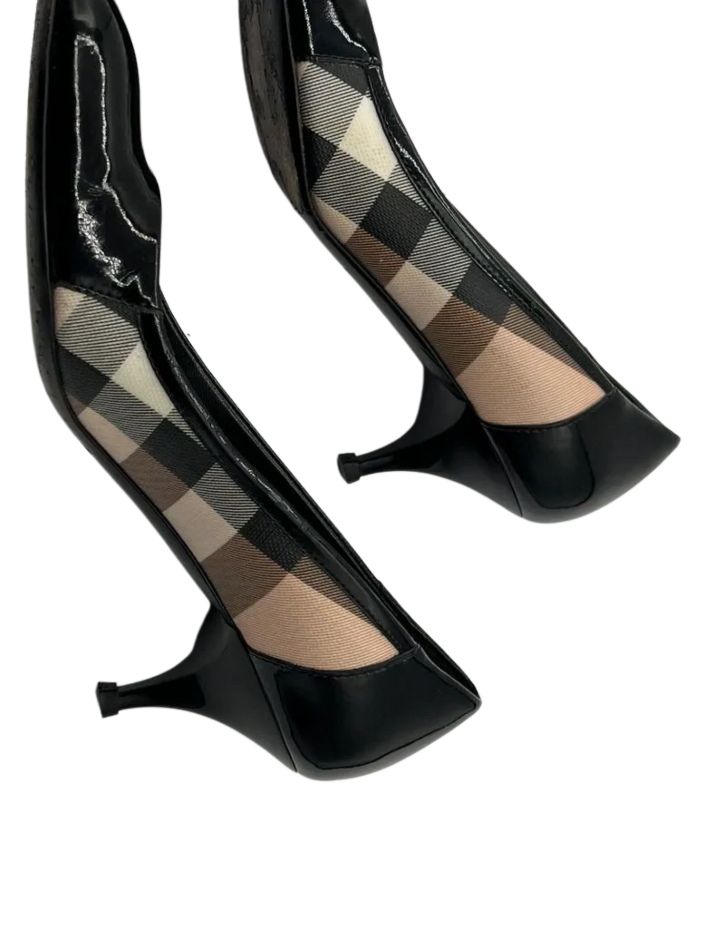 Burberry Nova Check Canvas/Black Patent Leather Kitten Heel Pumps