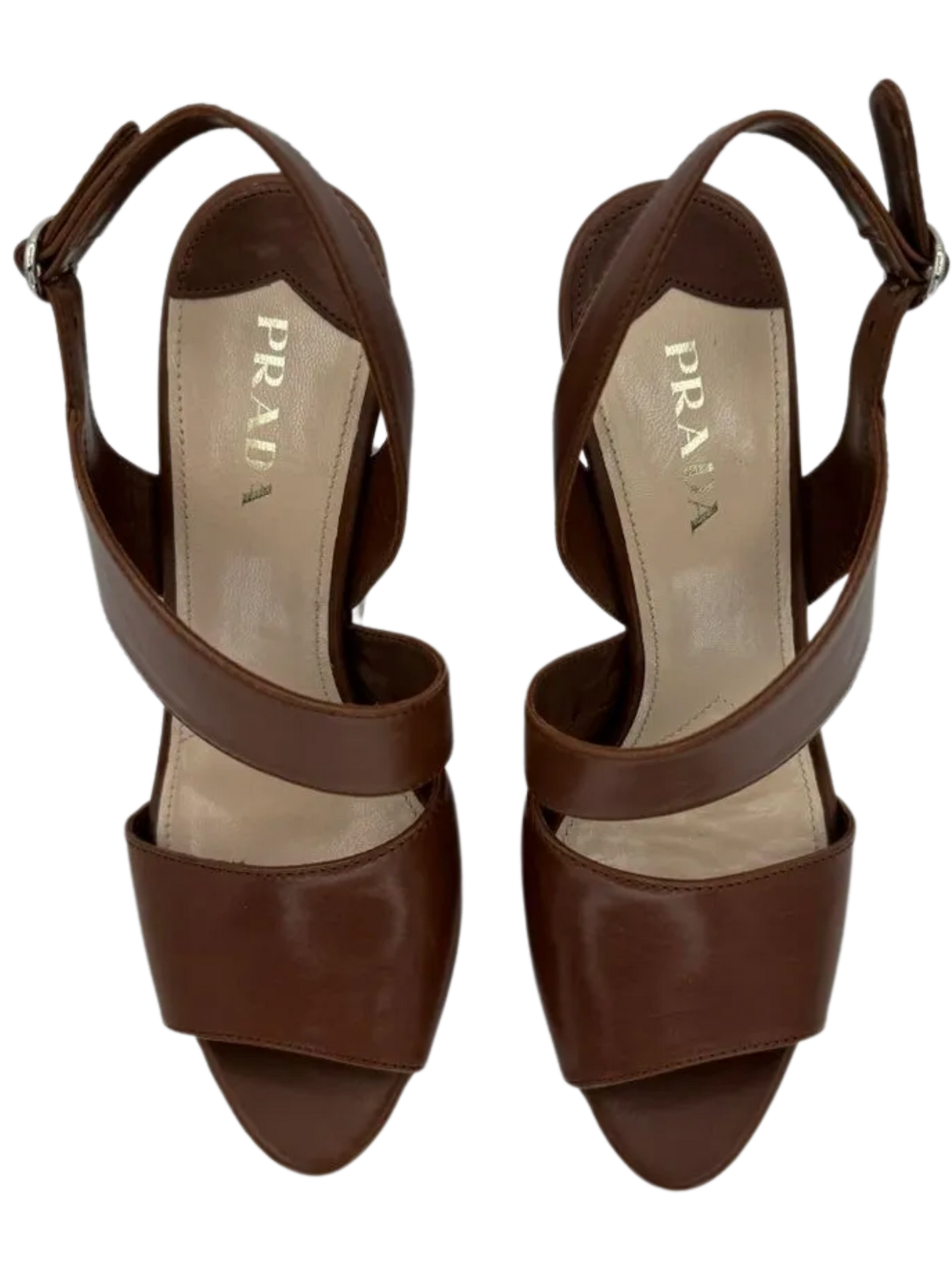 Prada Asymmetric Calfskin Wedge Sandal, Brown