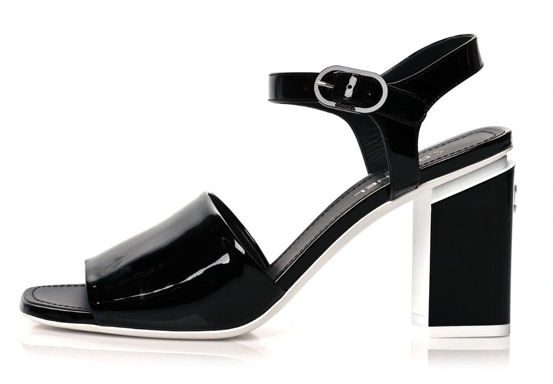 Chanel Black Patent Leather CC Block Heel Ankle Strap