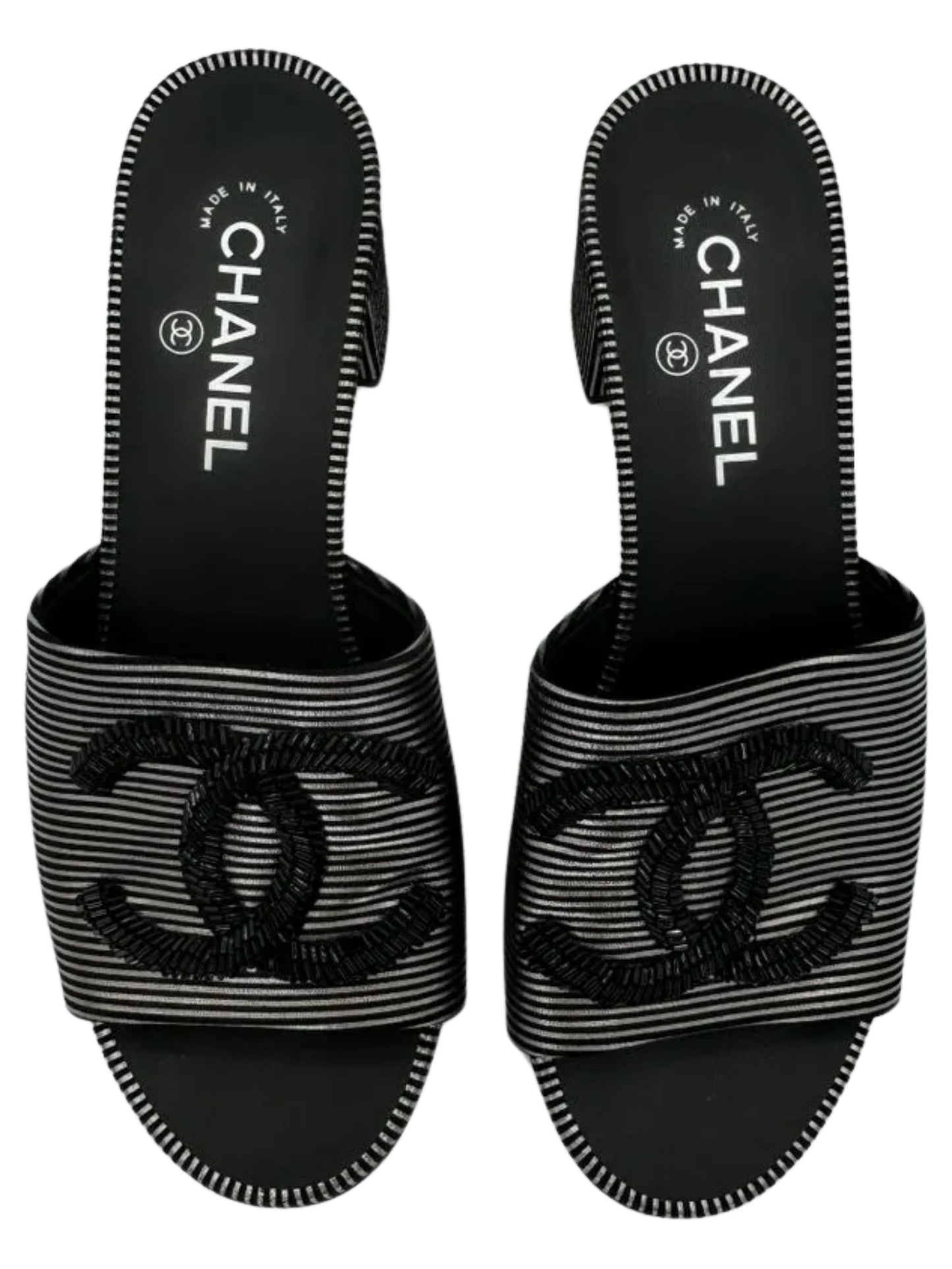 Chanel Women's CC Slide Sandals Embellished Striped Suede Sz. 39.5