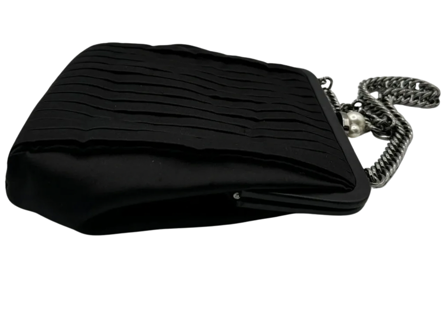 Vintage CHANEL CC Pearl Framed Black Satin Chain Fringe Shoulder Evening Bag - Rare