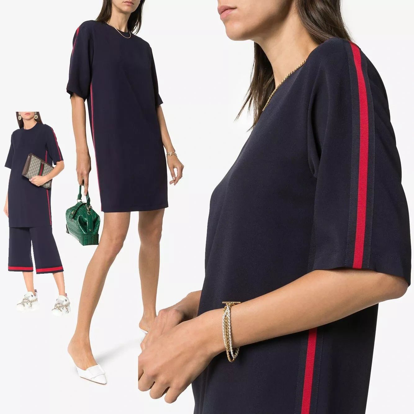 Gucci Dress Stretch Blue Jersey Tunic with Iconic Ribbon