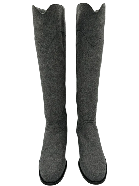 Chanel Gray Wool CC Logo Riding Boots