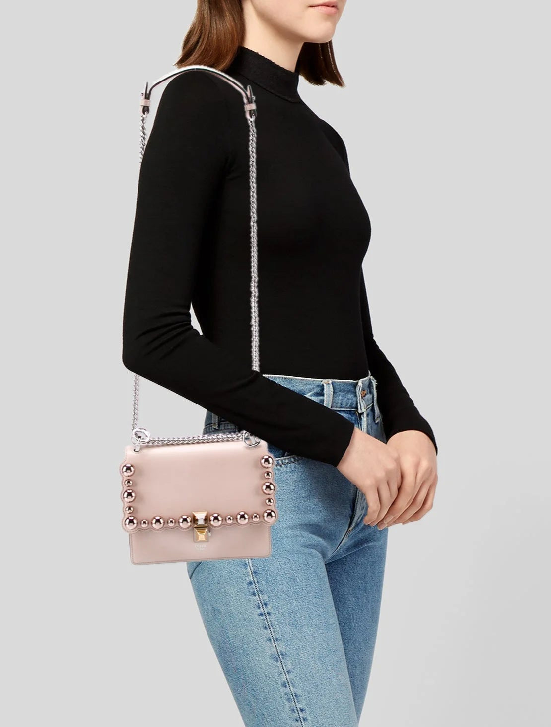 Fendi “Kan I” Small Scalloped Pearl Stud Shoulder Bag