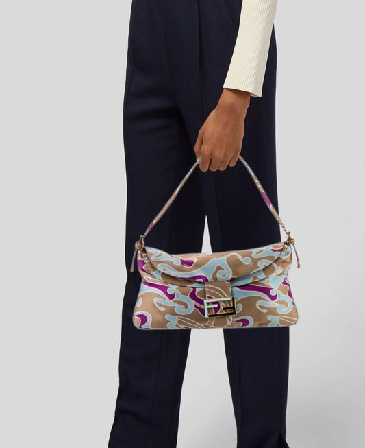 Fendi 2001 Multicolor Satin Psychedelic Print Baguette "Momma" Shoulder Bag