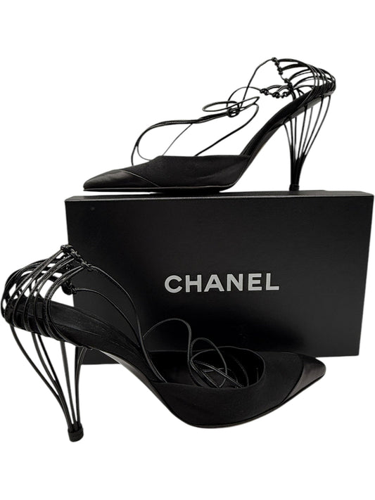 NEW Chanel Black Leather And Satin Birdcage Pointed Toe Ankle Tie Sandals - Size 41