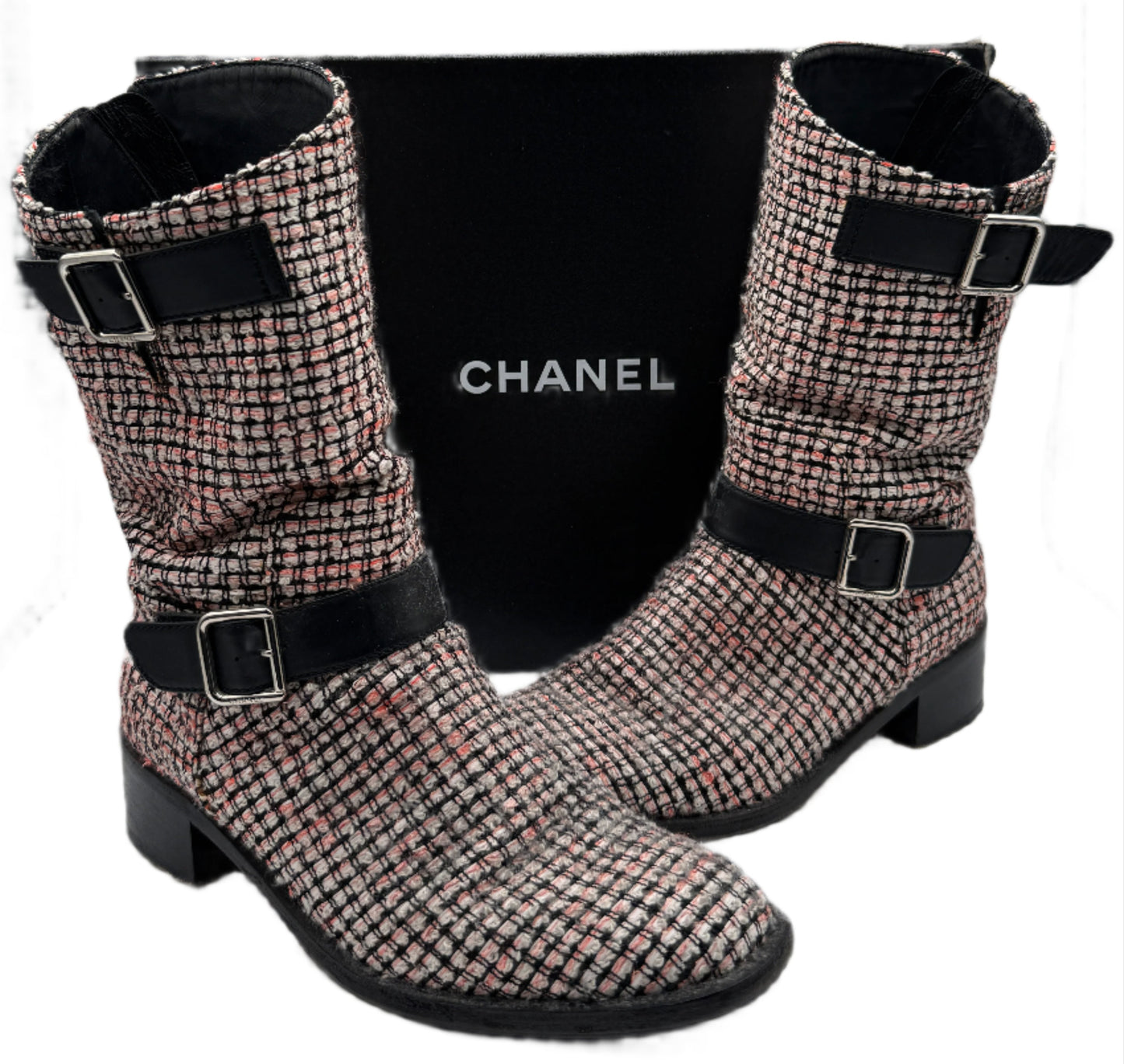 Chanel tweed Tricolor Engineer Buckle Boots - Size 40