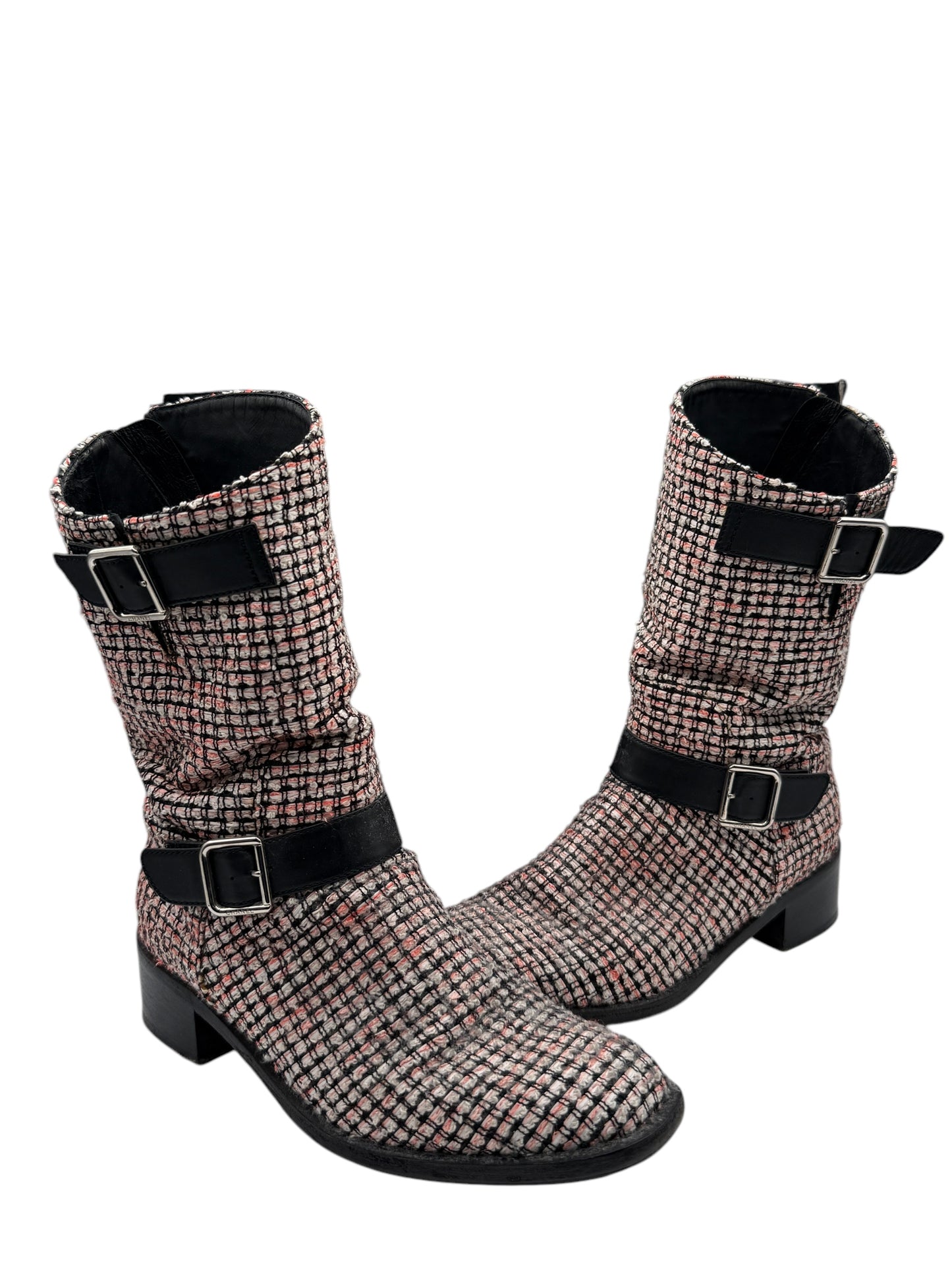 Chanel tweed Tricolor Engineer Buckle Boots - Size 40