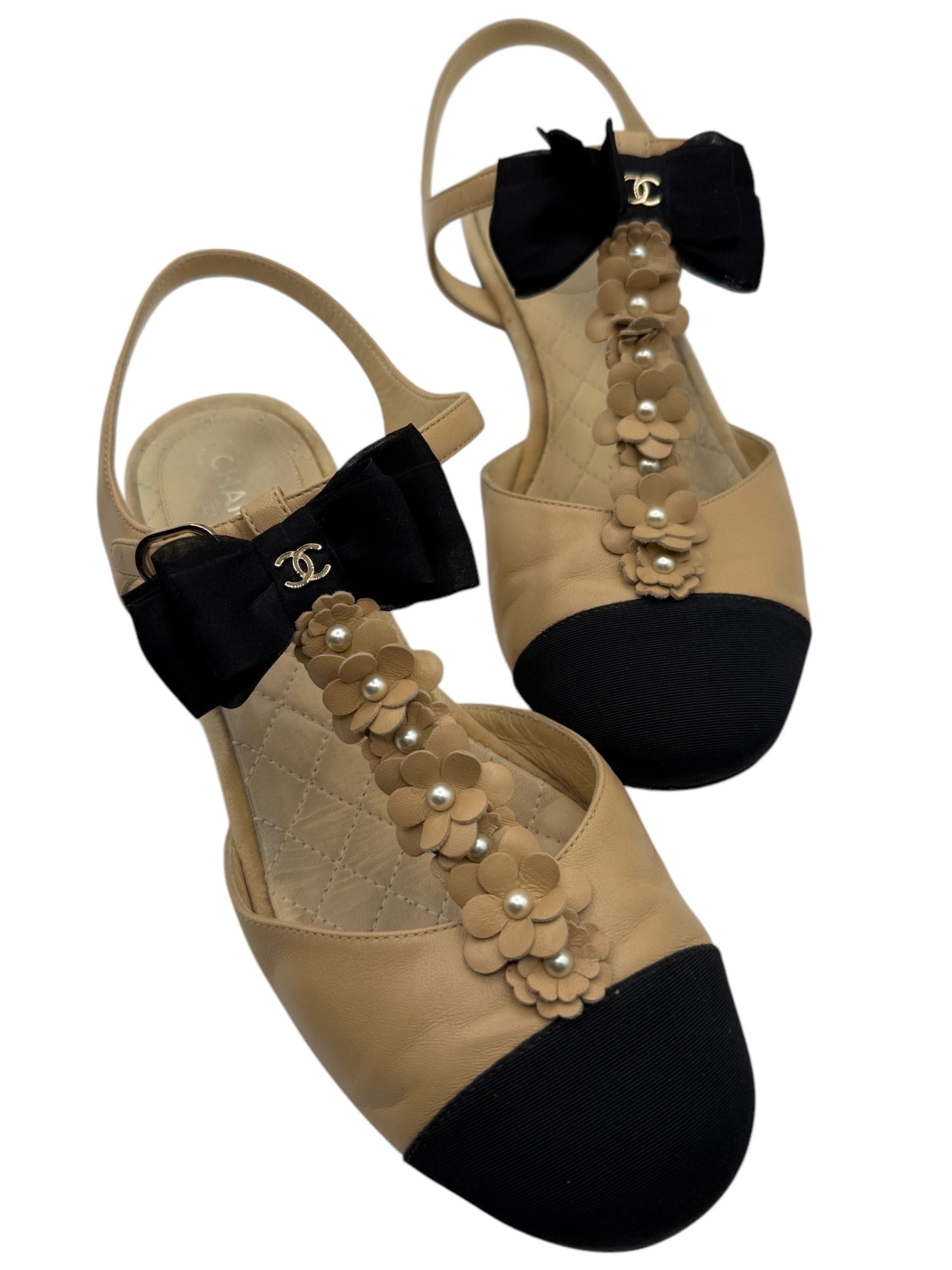 Chanel Beige/Black Leather Faux Pearl Embellished Camellia and CC Bow T-Strap Sandals - Size 40.5