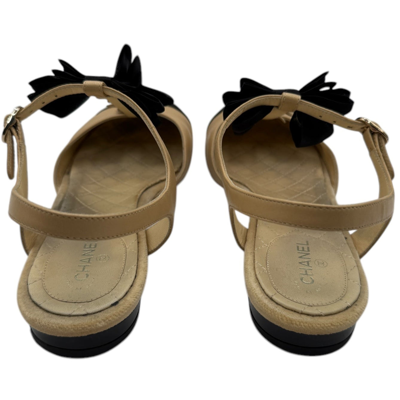 Chanel Beige/Black Leather Faux Pearl Embellished Camellia and CC Bow T-Strap Sandals - Size 40.5