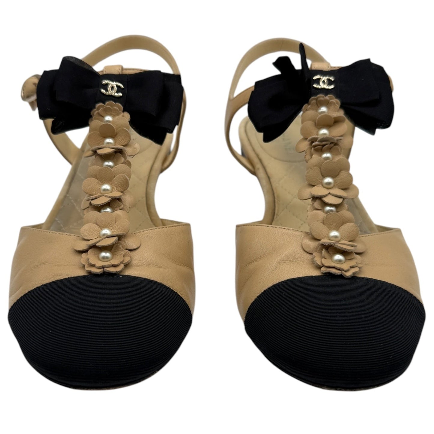 Chanel Beige/Black Leather Faux Pearl Embellished Camellia and CC Bow T-Strap Sandals - Size 40.5