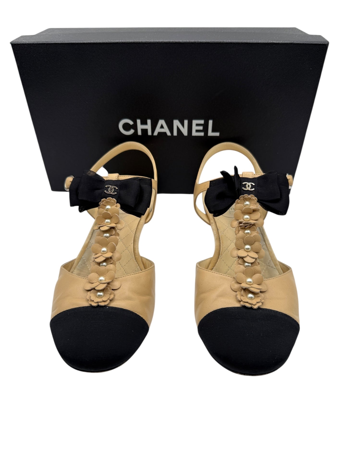 Chanel Beige/Black Leather Faux Pearl Embellished Camellia and CC Bow T-Strap Sandals - Size 40.5