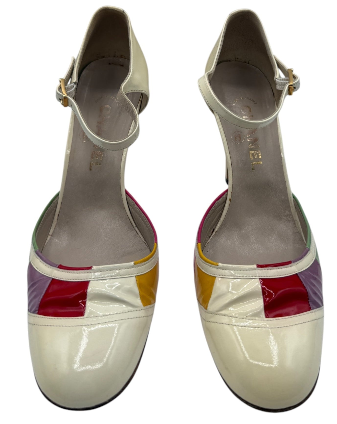 Chanel Multicolor Patent Leather D'orsay Colorblock Ankle Strap Pumps Size 40