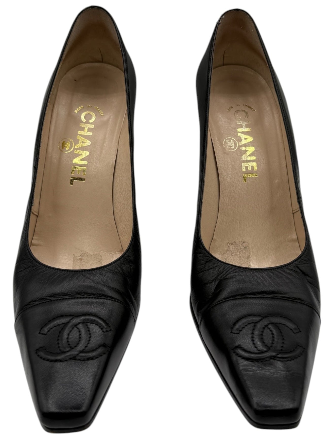 CHANEL CC Logo Black Leather Pumps - Size 40