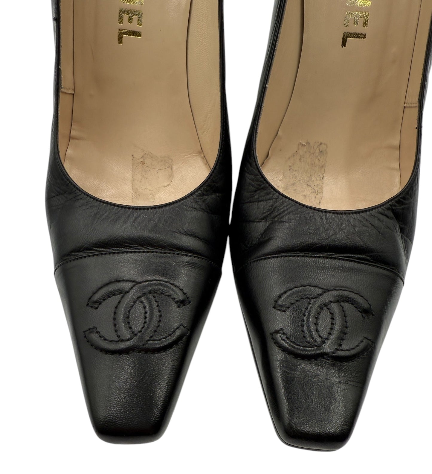 CHANEL CC Logo Black Leather Pumps - Size 40