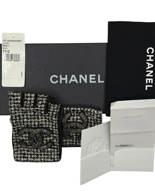 Chanel Black Tweed & Lambskin Fingerless Gloves – Size 7½