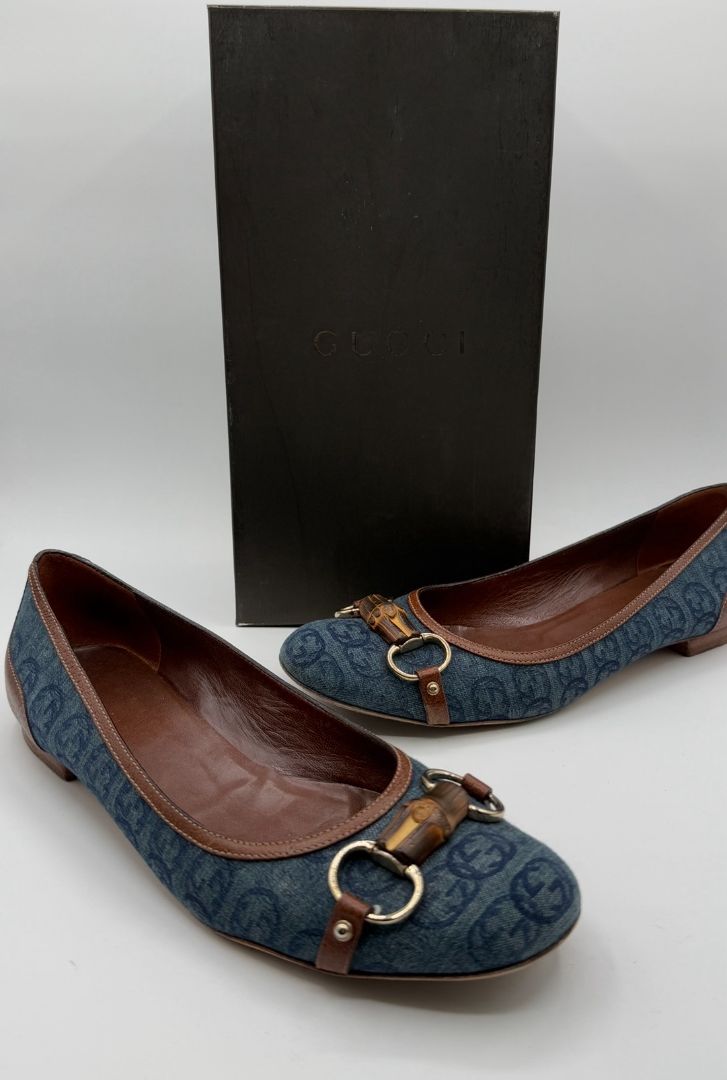 Gucci Blue GG Denim Bamboo Horsebit Ballet Flats – Size 11B