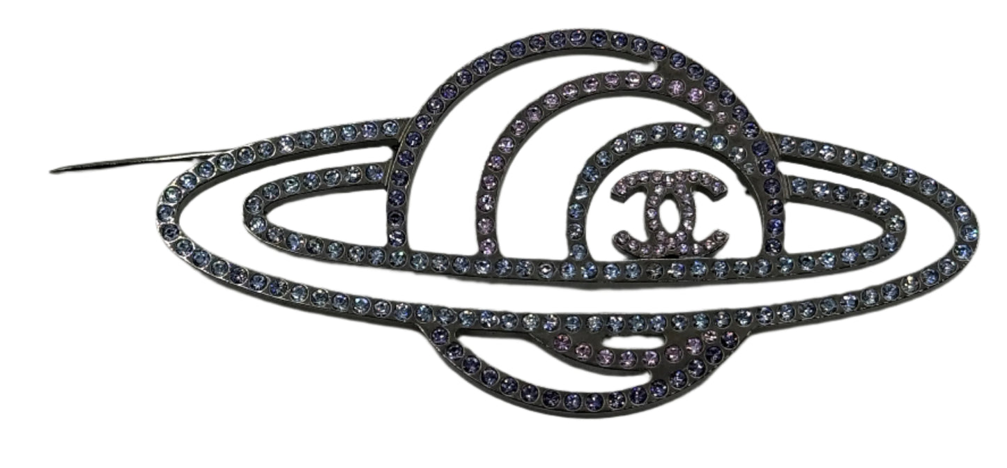 Chanel Silvertone Metal and Blue/Purple Crystal CC Planet Brooch