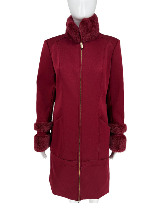 Pamella Roland Crimson/Dark Red Zippered Coat With Fur Collar and Cuffs. ¾ length Size 8/10