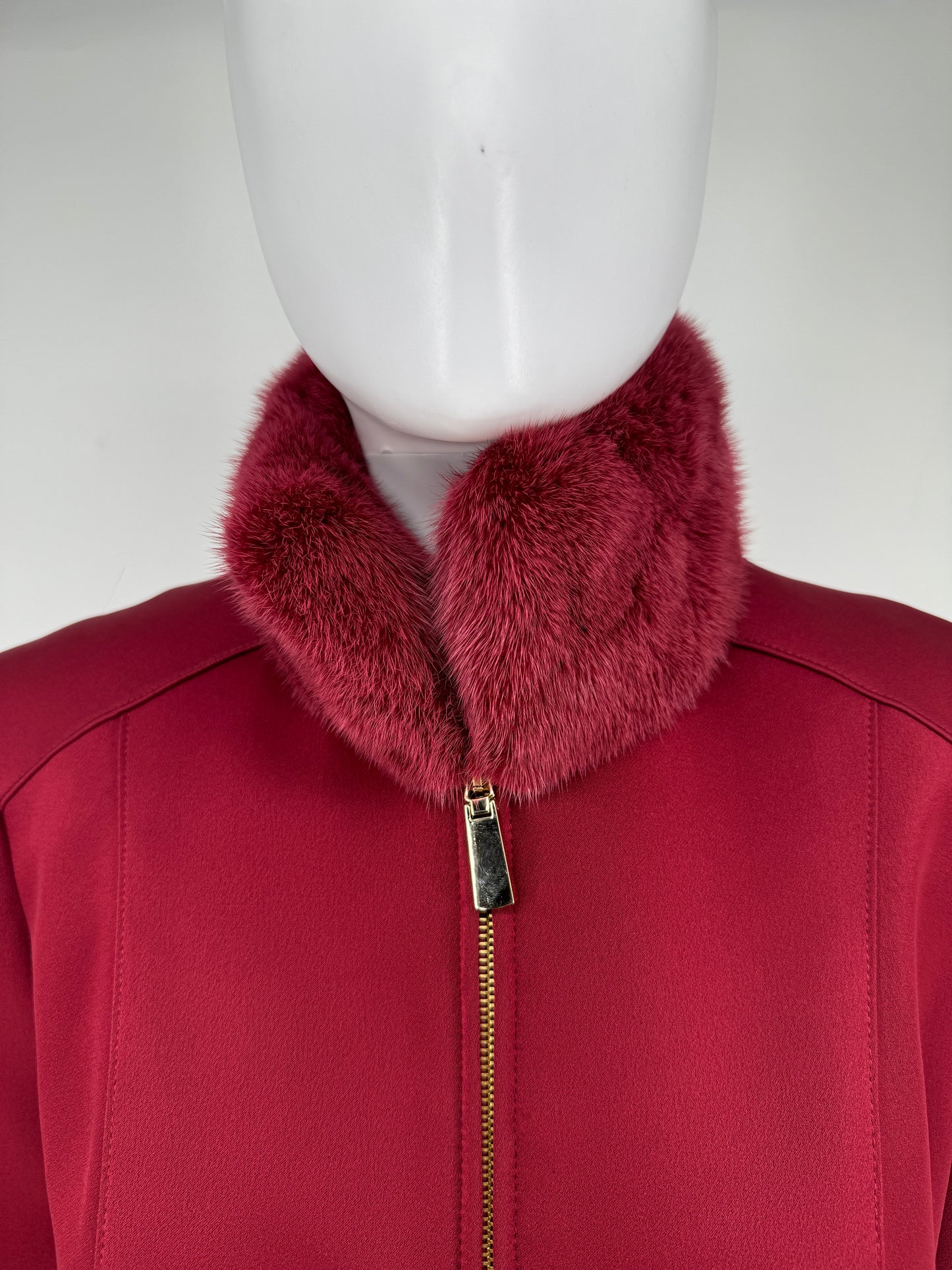 Pamella Roland Crimson/Dark Red Zippered Coat With Fur Collar and Cuffs. ¾ length Size 8/10